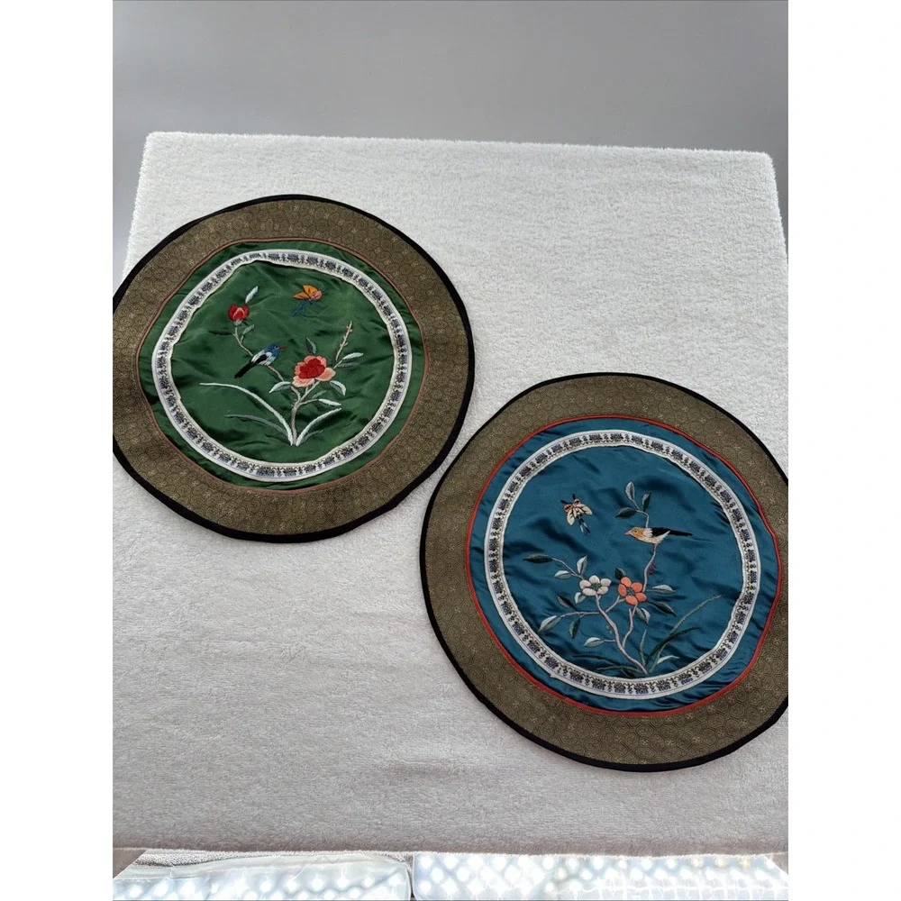 2 Chinese 100% silk Vintage embroidered round Textile flowers, bird, butterflies